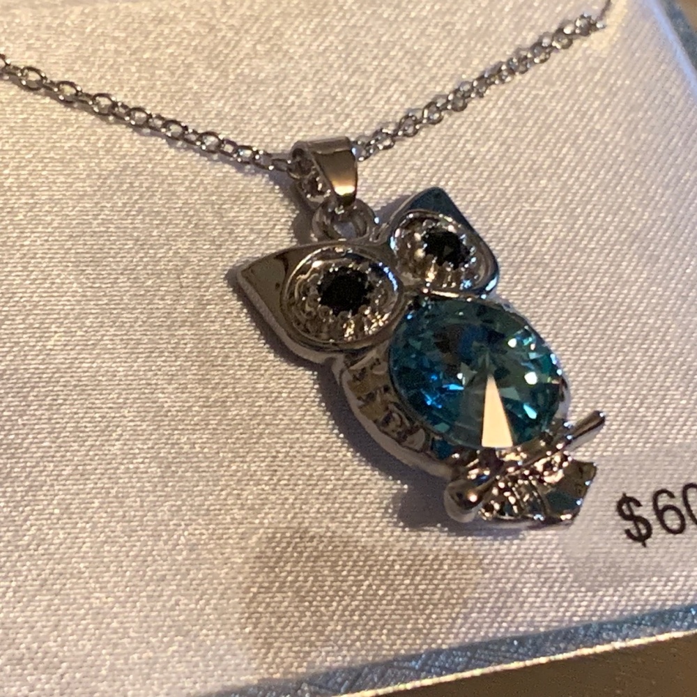 Blue Owl  Illuminaire Pendant Necklace.  Made with Swarovski Elements.